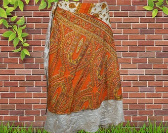 Womens Wrap Skirt, Bohemian Clothing, Short Orange Floral Skirt, Beach Cover Up, Silk Sari Magic Wrap Around Skirts, One size