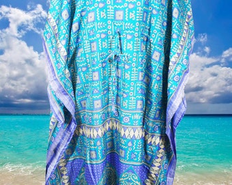 Womens Blue Kaftan Maxi Dresses, Recycle silk, Holiday GIFT, Floral Caftan, Beach Cover Up, Flowy Dress, Travel, Cruise Kimono, L-2XL