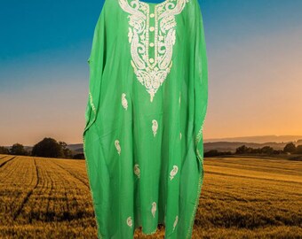 Womens Green Cruise Caftan Dress, Maxi Dresses, Embroidered Kaftan Dress, Travel Fashion, Summer Beach Dresses, L-4XL One size