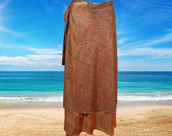 Womens Magic Maxi Wrap Skirt, Floral Double Layers Brown Wrap Skirts, Recycled Sari Wrap Skirt, Retro Skirt One size