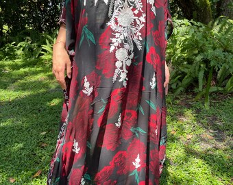 Womans Kaftan Maxi Dress, Black Maxi Caftan, Black Red Sheer Cruise Resort Wear, Beach Dresses ONESIZE L/4X