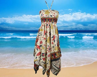 Womens Hi Low Dresses, Beige Black Boho Beach Dress, Fall Dresses, Summer, Recycled Silk Breeze Dresses S/M