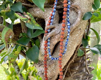 Lapiz Lazuli Rudraksha Malals, 108 Beads Chakra Jewelry, Buddhist Prayer Bead Sterling Necklace, yoga gift, Handmade mala