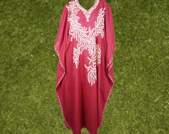 Womens Kaftan Maxidress, Travel Maxi Dresses, Red Embroidered Caftan Dresses, Loose Flowy Dressy Caftan One Size L-2XL