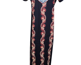 Womens Cotton Caftan Dress Short Sleeves Neck Embroidered Bohemian Sleepwear Nightgown Kaftan L
