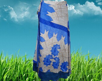 Womens Recycled Sari Wrap Skirt, Magic Wrap Skirt, Blue Floral Double Layers Wrap Skirts, Travel Fashion, Gift, Handmade Clothing One size