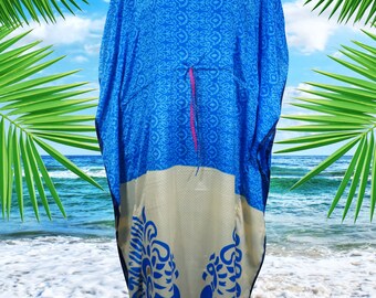 Women Boho Beach Kaftan, Cerulean Blue , Caftan, Floral Silk Kaftan, housedress, Beach Coverup, Summer Caftan, Resort, Cruise Caftan L-2X