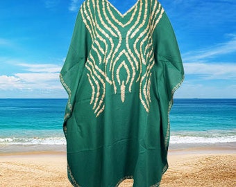 Womens Embroidered Kaftan, Midi GREEN Kashmiri Artisans Floral Handmade Caftan, Gift, Travel Fashion One Size, Relaxed Boho Dresses L-4XL