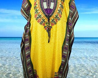 Womens Caftan Dresses, Boho Kaftan, Beach Maxi Dresses, Yellow Printed Kaftan Dress, Travel Resort Lounge Dresses L-2XL, One size