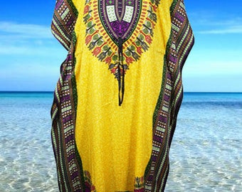 Womens Caftan Dresses, Boho Kaftan, Beach Maxi Dresses, Yellow Printed Kaftan Dress, Travel Resort Lounge Dresses L-2XL, One size