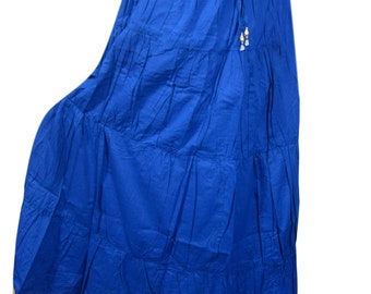 Bohemian Women's Blue Cotton Gypsy Long Skirt Solid Vintage A-Line Tiered Skirts S