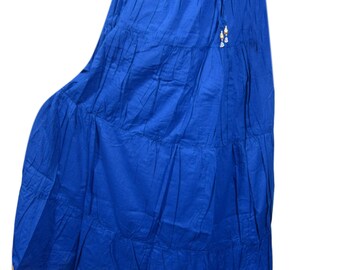 Bohemian Women's Blue Cotton Gypsy Long Skirt Solid Vintage A-Line Tiered Skirts S