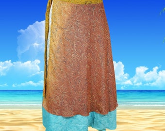Womens Short Silk Wrap skirt, Brown Reversible Lightweight Floaty Double layer skirt, Beach Travel Skirts One size