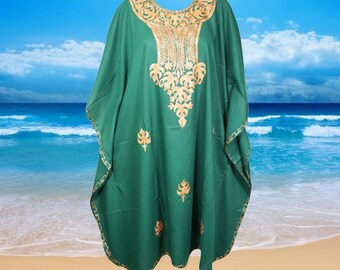 Womens Kaftan, Midi Dresses, Flawless Deep Bright, Pine Green, Loose Caftan Dresses, Floral Embroidered Kaftan Dress, One size L-4XL