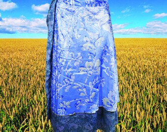 Womens Wrap Skirt, Short Blue Floral Skirt, Beach Cover Up, Silk Sari Magic Wrap Around Skirts, One size
