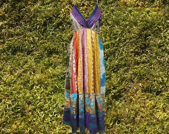 Womens Maxidress, Hawaiaan Sunset Silk Maxi Dress, Blue Bohemian Dress, Fall Festivals, Holiday Dresses ML