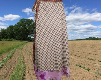 Women Long Wrap Skirt, Beach Coverup Sarong, Silk Sari Wrap Skirts, Purple Floral Printed, 2 Layer Reversible Skirts Valentine Gift One Size