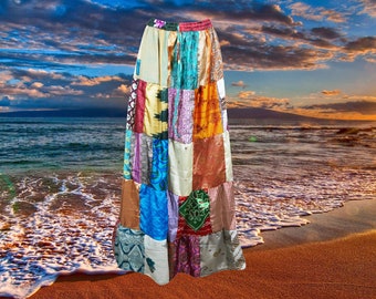 Boho Patchwork Skirt, Beachy Maxi Skirts, Handmade, Angel Face Skirt, Festival, Gypsy Skirt, Recycle Silk, Long Boho Skirt S/M/L