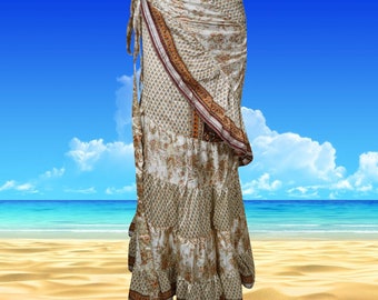 Womens Silk Sari Ruffle Wrap Skirt, White Tiered Maxi Skirt, Handmade Belly Dance Beach Party Long Skirts One size