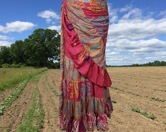 Womens Silk Sari Ruffle Wrap Skirt, Red Tiered Maxi Skirt, Handmade Belly Dance Beach Party Long Skirts One size