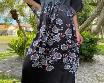 Womens Maxi Kaftan Dress, Hushed Charcoal Gray, Kimono Sleeves, Black Gray Floral Printed Caftan, Loose Comfy Resort Wear  L-2XL One size