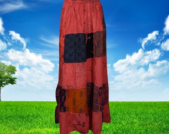 Boho Patchwork Skirt, Womens Maxi Skirt, Red Handmade Gujarati Patchwork Skirts, Vintage Gypsy Long Skirts S/M/L