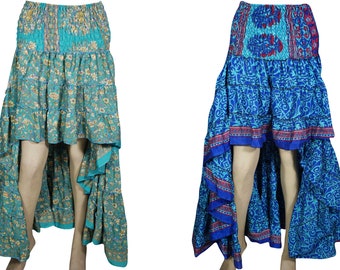Bohemian High-Low Maxi Skirt 2pc Recycled Vintage Sari Gypsy Hippie Chic Ruffle Flirty Flare Summer Skirts S/M