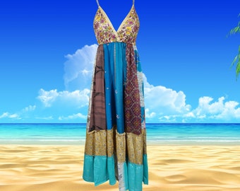 Womens FASHION DIVA Silk Maxi Dress, Blue Beach Maxi Dress, Flowy Dresses, Recycle Silk Handmade Dresses ML