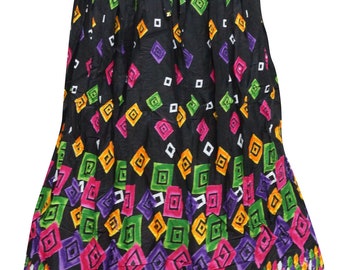 Colorful Gypsy Womens Long Skirt Black Printed Crinkle A-line Cotton Boho Festive Skirts M