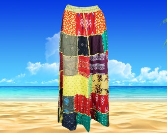 Womens Patchwork Maxi Skirt, Long Elastic Waist Colorful Vintage Indian Style Handmade A-Line Long Skirts S/M/L
