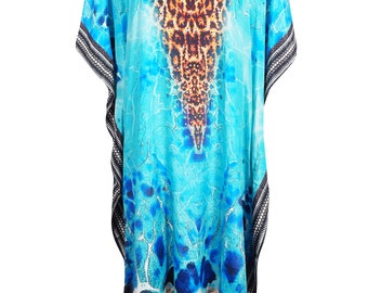 Women's Kaftan Maxi Dress, Georgette Beach Blue Resort Wear Dresses Lounger, Georgette Printed maxi Dress One size