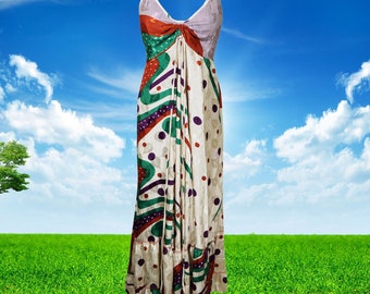 Maxi Beach Dress, Recycle Silk Dress, White Floral Print Boho Swing Dress, Travel Maxi dress, Beach Dresses ML