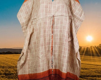 Women's Midi Caftan Dresses, Mahogany Brown Sari Silk   Cover Up Beach Dress, Boho Resort Wear Kaftan SML, One size