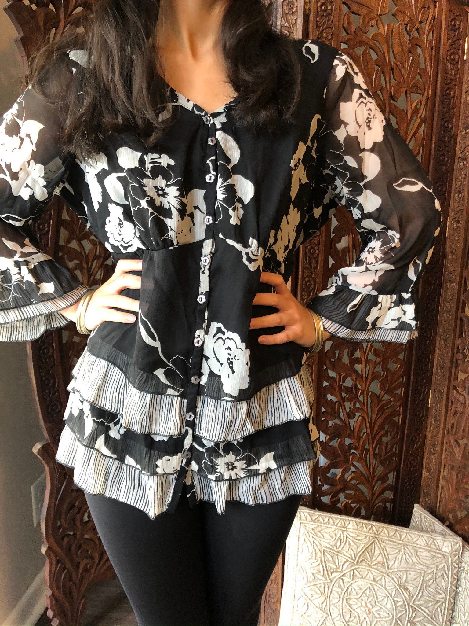 Womans Boho Blouse Soft Chiffon Black Floral Top Blouse - Etsy