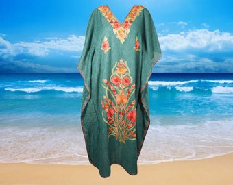 Women's Travel Caftan Maxi Dress, Castleton green Floral Embroidered Kaftan Dress, Handmade Gift, Cotton Cruise Beach Dresses ONE SIZE L-2XL