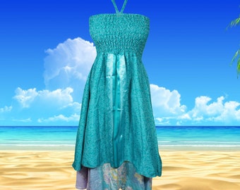 Women's Floral Halter Dress, Blue Bohemian Recycled Summer Travel 2 Layer Beach Sundress S/M