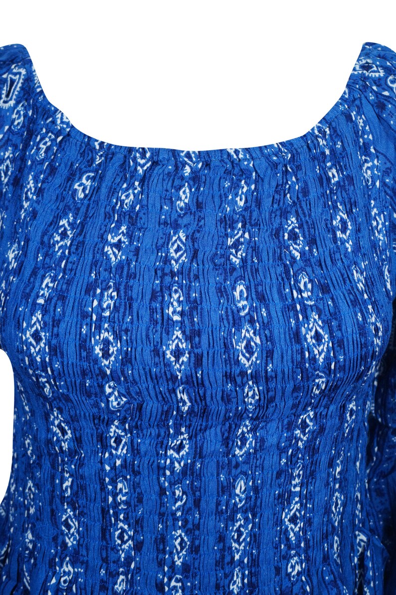 Bohemian Dresses Gypsy Chic Blue Printed Fit Flare 34 Sleeve Fitted Summer Beach Festivals SunDress ML