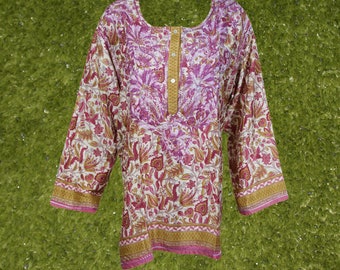 Womens Tunic Top, Handmade Purple Floral Printed Silk Tunic Dress, Hand Embroidered Top, Gift, Blouse Indian Kurta