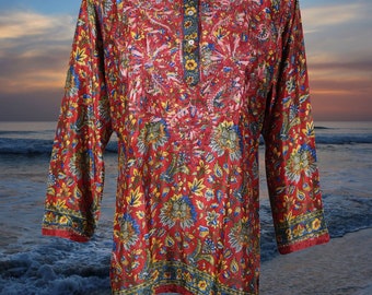 Womens Tunic Top, Handmade Red Floral Printed Silk Tunic Dress, Summer, Embroidered Tunic, Blouse Indian Kurta, Bohemian Clothing L