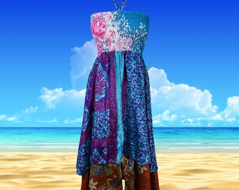 Womens Silk Halter Dress, Handmade Summer Dresses, Blue Two Layer Gypsy Chic Printed Travel Sundress S/M