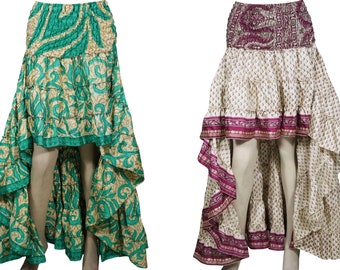 Boho Mexican Hippie High-Low Maxi Skirt 2pc Recycled Vintage Sari Gypsy Ruffle Flirty Flare Summer Skirts S/M
