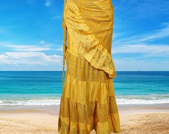Womens Silk Sari Ruffle Wrap Skirt, Yellow Tiered Maxi Skirt, Handmade Belly Dance Beach Party Long Skirts One size