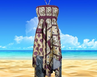 Womens Boho Sundress, Halter Dresses, Purple Beige Summer Dress, Printed Handkerchief Hem Upcycled Silk Sari Beach Halter Dress S/M