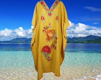 Women's Kaftan Maxi Dress, Sunny Yellow Maxi Dress, Beach Lounger, Cotton Embroidered Caftans, Oversized Housedress L-2XL One Size
