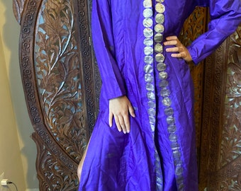Womens Indi Boho Tunic Long Dress, Vintage Royal Blue Gold Silk Traditional Fashion Handmade Long maxi Dresses ML