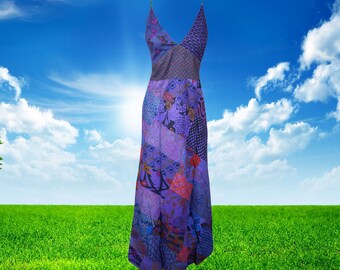 Womens Patchwork Hippie Dress, Purple Strap Maxi Dress, Handmade Printed Long Dresses, Bohemian Fashion S/M