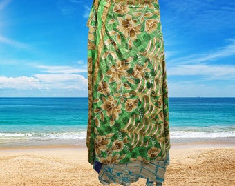 Womens Long Wrap Skirt, Green Blue Floral Beach Cover Up, Boho Two Layer Silk Sari, Magic Wrap Around Skirts One size