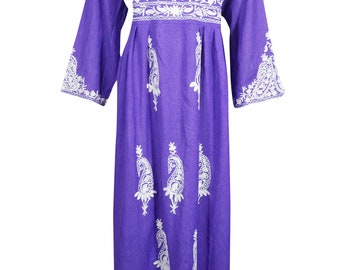 Women's Maxi dress, bohemian long Embroidered dress, Lavender Long sleeves Gypsy chic Long Dresses L