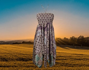 Womens Boho Sundress, Halter Dresses, Purple Summer Dress, Printed Handkerchief Hem Upcycled Silk Sari Beach Halter Dress S/M