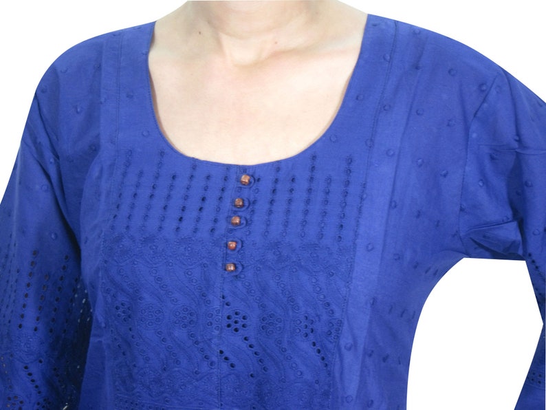 boho Gypsy Chic Womens Blue Kurti Designer Embroidered Long Sleeves Indian Tunic Dress M